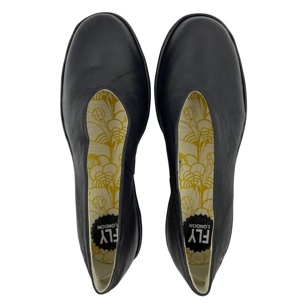 Fly London Women's Yaz Mousse Ballerina Wedge Black Leather Size‎ 39 US 8-8.5